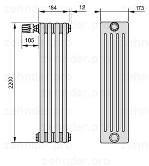 Схема (чертеж) Радиатор Zehnder Charleston 5220/4 №V011 Белый глянцевый RAL 9016